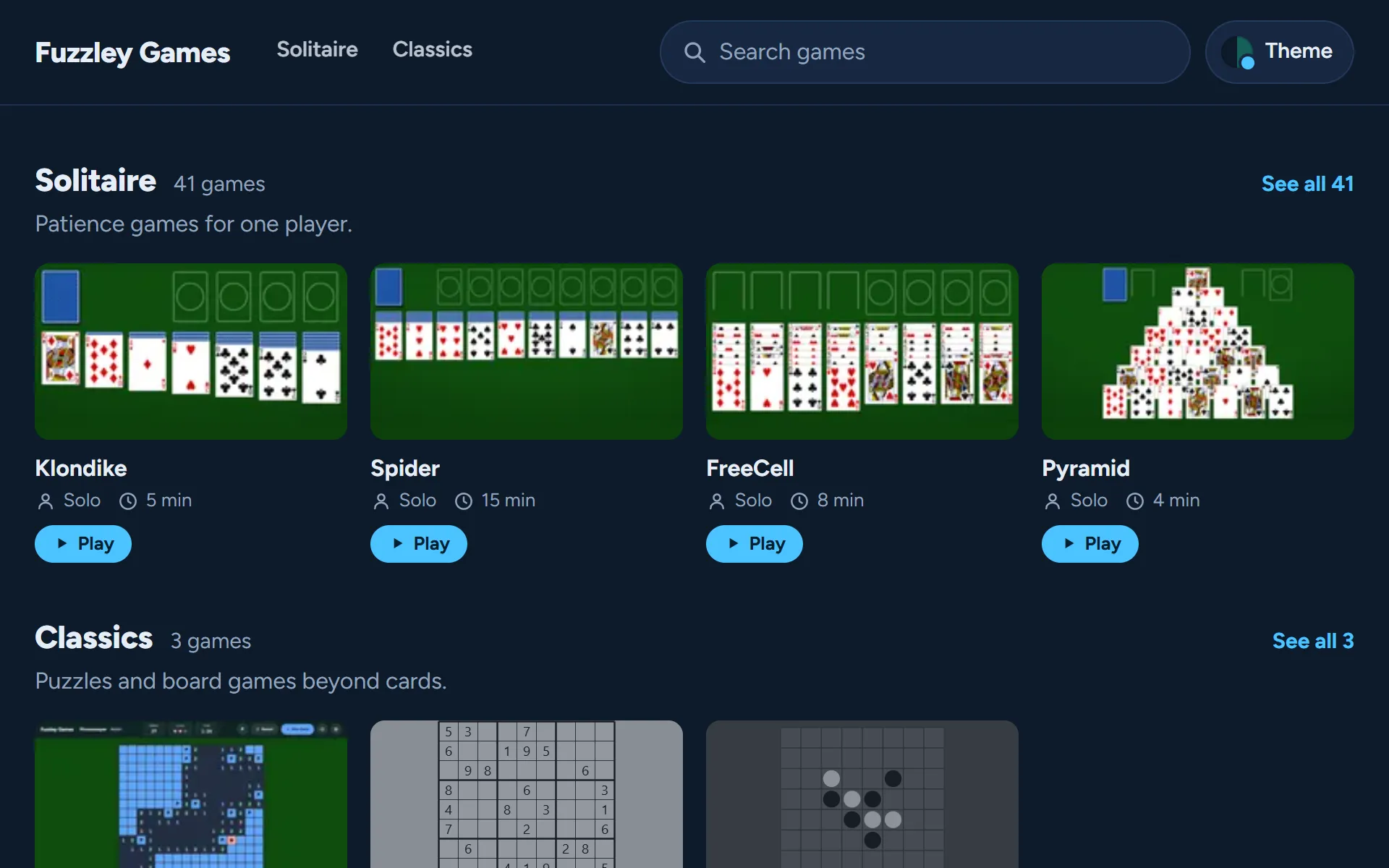 The Fuzzley Games home page, with a row of solitaire games from Klondike to Pyramid above Minesweeper, Sudoku and Reversi.