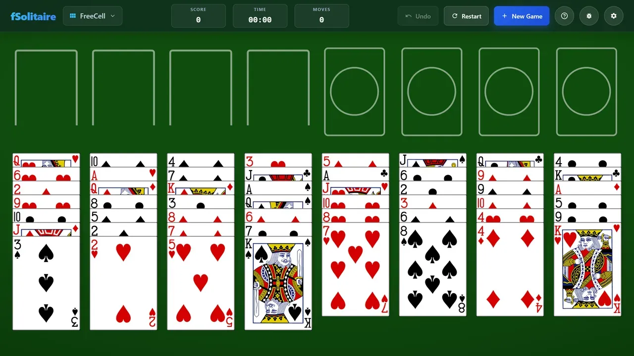 A game of FreeCell with four empty reserve cells.