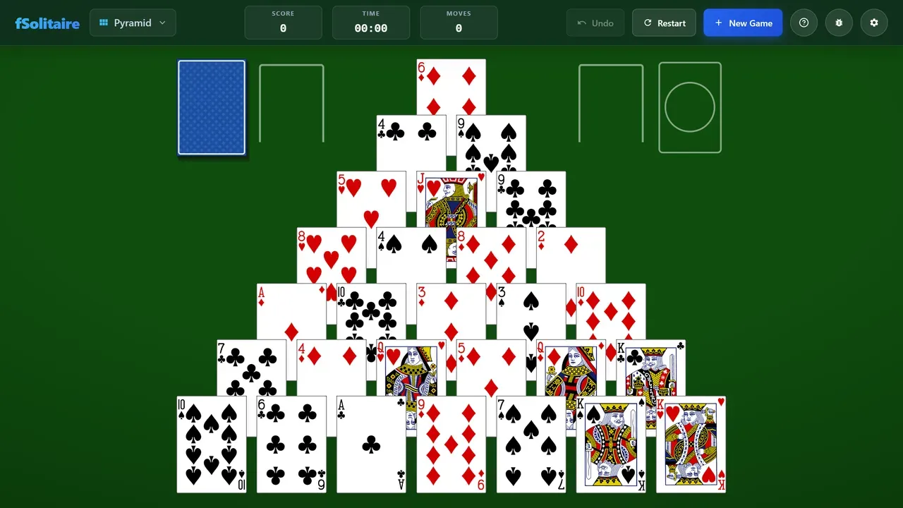 A pyramid of twenty-eight cards dealt for Pyramid solitaire.
