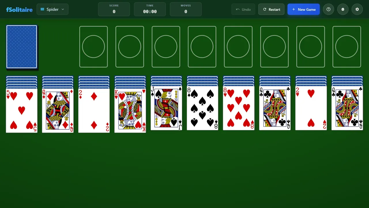 Ten columns dealt for a game of Spider.